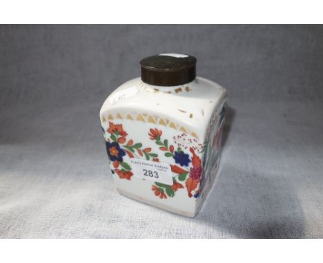 A 19TH CENTURY CONTINENTAL PORCELAIN TEA CADDY, 12.5 cm high (incl. metal lid)