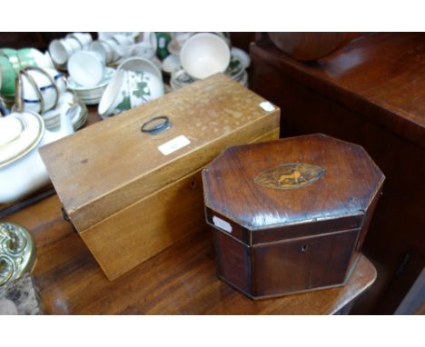 A 19TH CENTURY MAHOGANY STATIONARY BOX with brass lion mask handles and a Regency mahogany tea caddy (2)