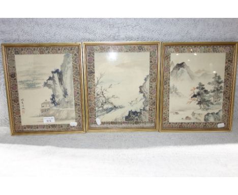 THREE CHINESE WATERCOLOURS ON SILK, one with inscription and seal mark 