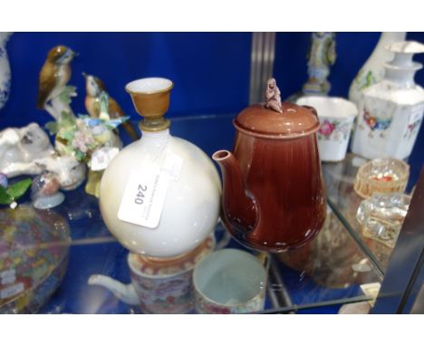 A ROYAL WORCESTER VASE, hand-painted with sheep, signed "E Barker" 16 cm high and a Wedgwood treacle glazed teapot, with a Bi