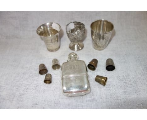 A MINIATURE SILVER HIP FLASK, and a collection of similar items