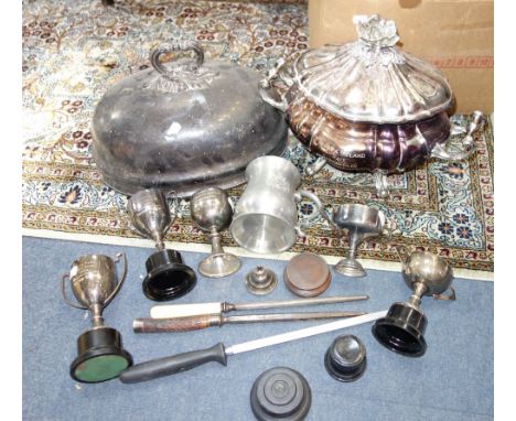 A SILVER PLATED FOOD COVER, similar plate including trophy cups and sundries