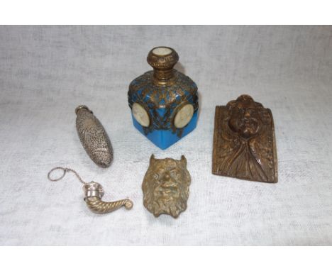 A 'PALAIS ROYALE' BLUE OPALINE GLASS RECTANGULAR PERFUME BOTTLE, applied with gilt metal mounts and circular cameo portraits,