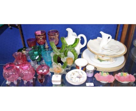 A COLLECTION OF CRANBERRY GLASS, similar glassware, A Royal Worcester cream ware jug, Worcester plates and similar ceramics