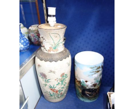 AN ORIENTAL CRACKLE GLAZED VASE, (converted to a table lamp) 46 cm high and Continental ceramic cylinder decorated with hunti