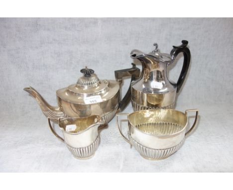 A THREE PIECE SILVER TEA SERVICE, comprising teapot, sugar bowl and milk jug, approximately 25 oz, and a plated coffee pot (4