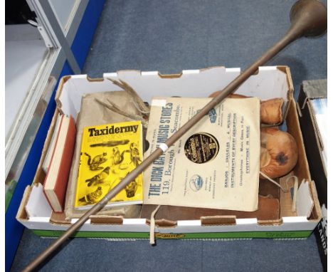 TWO PAIRS OF VINTAGE BOXING GLOVES, a coaching horn and sundries