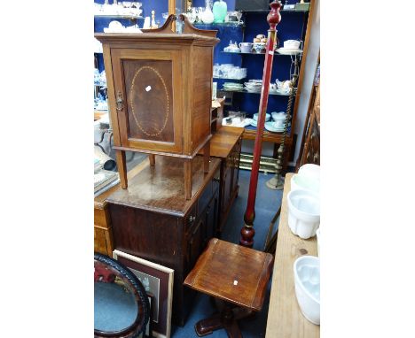 A RED LACQUER CHINOISERIE STANDARD LAMP, an Edwardian mahogany pot cupboard, a reproduction desk, and other small furniture