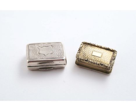 AN EARLY VICTORIAN SMALL,  SILVERGILT RECTANGULAR VINAIGRETTE with engine-turned decoration, raised floral borders & a vacant