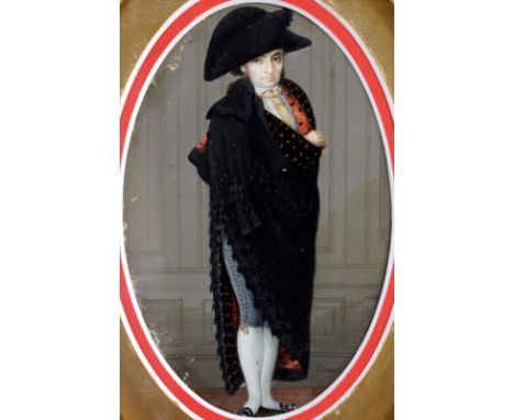 SPANISH SCHOOL: Portrait of a gentleman wearing black hat & cloak, standing against a panelled wall, on ivory, signed Ronas; 