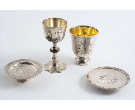A MINIATURE OR TRAVELLING COMMUNION CHALICE & PATEN with foliate engraving, by Messrs. Hutton & Sons Ltd., Sheffield 1917 and