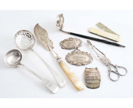 A MIXED LOT:- A Victorian toddy ladle, a sugar sifter ladle, a Newcastle-made cream ladle, crested & initialled, a plated but