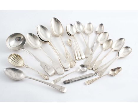 A MIXED LOT: A Victorian sauce ladle, crested, five various dessert spoons, initialled, fifteen various small spoons, some in