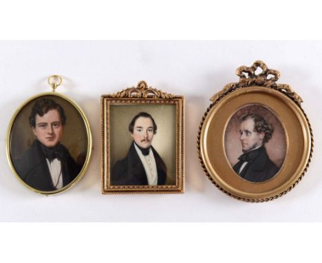 ENGLISH SCHOOL c.1840 Portrait of a gentleman wearing black jacket & cravat, on ivory, 5.5 x 4.75 cms and two other portraits