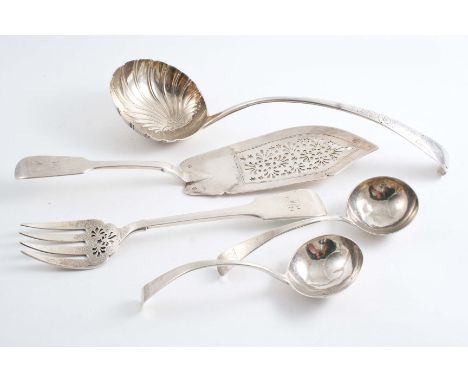 IRISH SILVER: An early George III "hook-end" soup ladle with a fluted bowl & chased stem, crested by David Peter, Dublin 1762