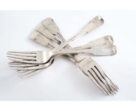 A SET OF SIX SCOTTISH PROVINCIAL FIDDLE PATTERN TABLE FORKS initialled "M", by William Whitecross of Aberdeen (W.W,A,B,D,N) c