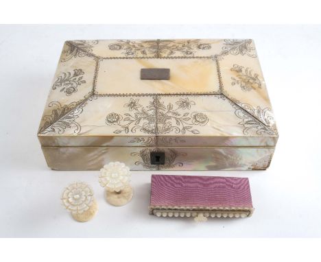 A VICTORIAN ENGRAVED MOTHER OF PEARL SEWING BOX with fitted interior, including spools & needle cases;  18 cms
