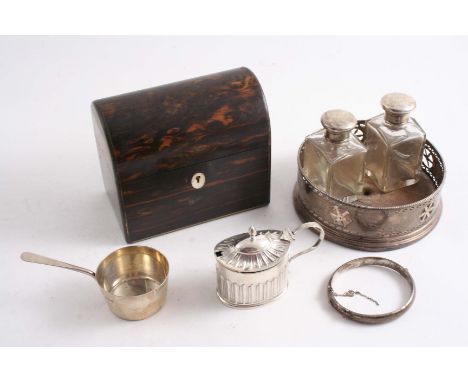 A MIXED LOT: A Victorian brass bound wooden case with a domed top, a pair of late Victorian mounted glass toilet bottles, a s