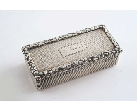 A GEORGE IV OBLONG SNUFF BOX reeded sides, inscribed "T. Gaskill" on the cover, the gilt interior with small presentation ins