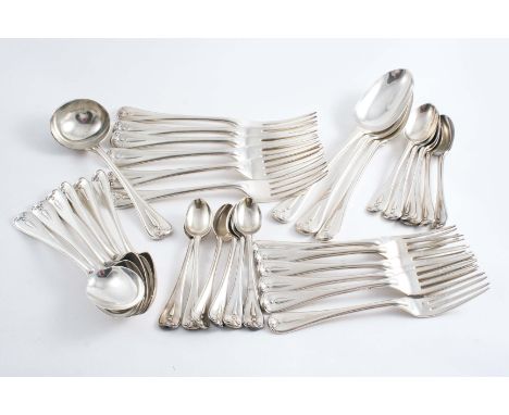 A VICTORIAN COLLECTED PART SERVICE OF HANOVERIAN THREAD & DROP PATTERN FLATWARE:- Three table spoons, six table forks, six de