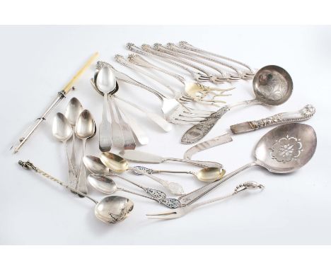 A MIXED LOT: Eight various American forks, a sauce ladle, a serving slice, a set of six American coffin-end tea spoons, initi