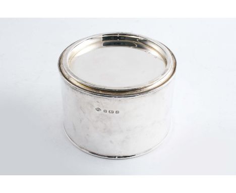 A MODERN TEA CADDY  in the form of a tin with a prize-open cover, by Adie Bros., Birmingham 1933;  4.3"  (11 cms) diameter;  