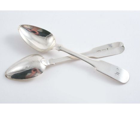 A PAIR OF SCARCE SCOTTISH PROVINCIAL FIDDLE PATTERN TEA SPOONS initialled "M", by John Sellar of Wick (JS,JS,JS) c.1825;  1.3