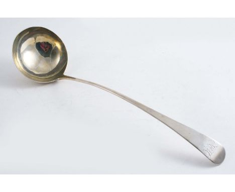 A LATE 18TH CENTURY OLD ENGLISH PATTERN SOUP LADLE initialled, maker's mark only, "IP", unascribed 1780-1800;  14.5"  (37 cms
