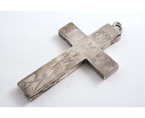 AN 18TH CENTURY CONTINENTAL RELIQUARY PENDANT CROSS with engraved decoration & the name "M. LAVANANT" on one side, unmarked, 