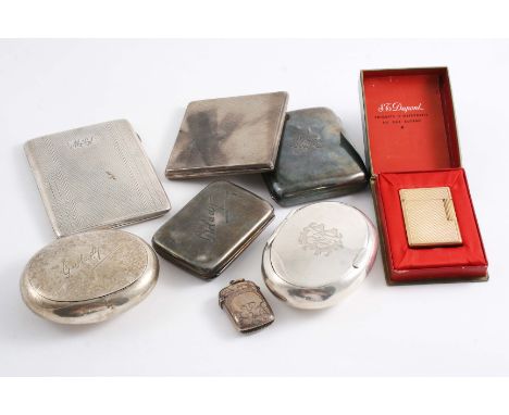 A MIXED LOT: Three various cigarette cases, a mounted purse, a vesta case, two tobacco pebbles, each engraved with either ini