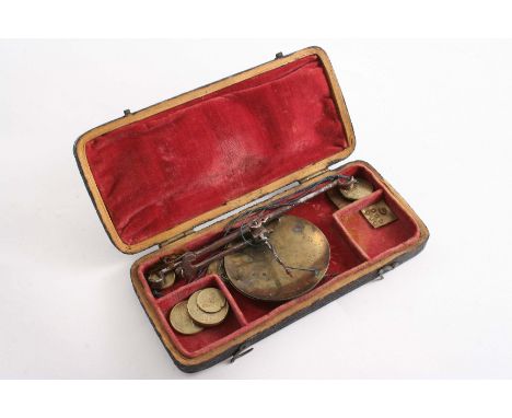A SET OF EARLY 19TH CENTURY STEEL & BRASS "GUINEA" SCALES with weights in a shagreen covered, wooden case;  5.7" (14.5 cms) l