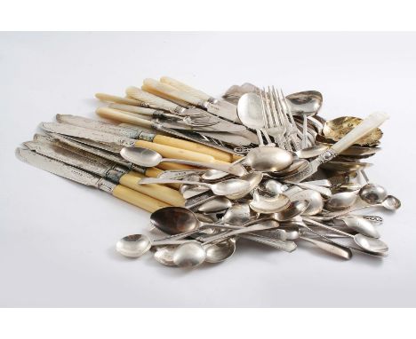 A MIXED LOT: Forty six various tea/coffee/condiment spoons,  twelve Victorian, ivory handled fish knives,  eight George III m