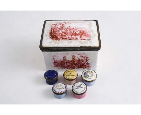 AN ENAMEL SNUFF BOX painted in puce with landscape vignettes on a bianco sopra bianco ground, 9 cms and five patch boxes (fou
