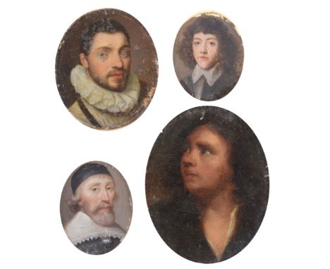 DUTCH SCHOOL 17TH CENTURY Portrait of a bearded man wearing skull cap & lace edged collar, on tin, 4.25 x 3.5 cms; portrait o