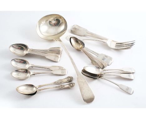 MIXED FIDDLE PATTERN:- A George III soup ladle, a set of nine Victorian Exeter-made tea spoons, initialled, five Newcastle-ma