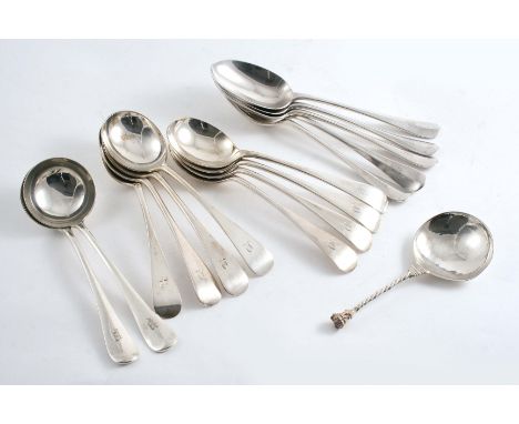 A PAIR OF LATE VICTORIAN HANOVERIAN PATTERN SAUCE LADLES and a set of five table spoons, initialled "P", by Mappin & Webb, Sh