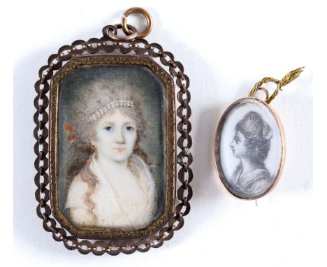 FRENCH SCHOOL c.1790 Portrait of a lady wearing pearls in her hair & white dress, on ivory, 3.25 x 2 cms, in pierced gold fra