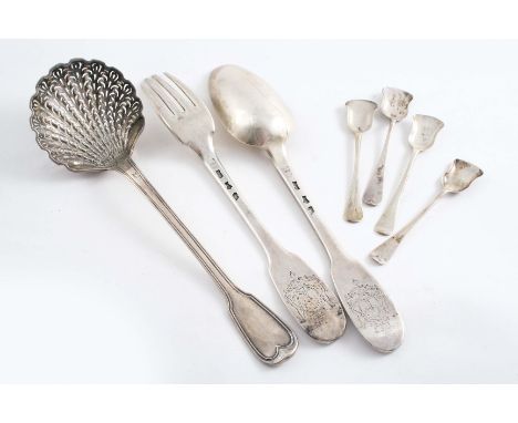 A MID 18TH CENTURY FRENCH PROVINCIAL FIDDLE PATTERN TABLE SPOON &amp; TABLE FORK with an engraved coat of arms and the initia