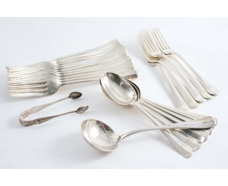 A COLLECTED PART SERVICE OF HANOVERIAN PATTERN FLATWARE:- Eleven table forks, six dessert spoons, five dessert forks, a sauce