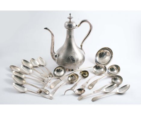  
A MIXED LOT:
 
A 19th century French coffee pot, various sauce ladles, a sugar sifter ladle, a caddy spoon, a Continental c
