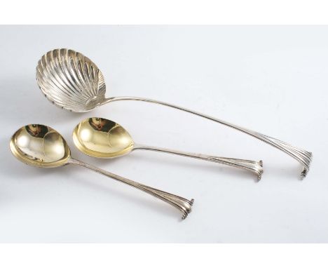 A GEORGE III ONSLOW PATTERN SOUP LADLE with a fluted circular bowl, marks squeezed, London c.1770 and a pair of late Victoria