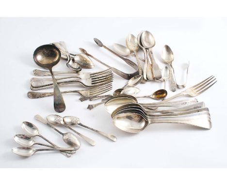 A MIXED LOT: A part canteen of Old English pattern including:- Seven dessert spoons, six dessert forks, six tea spoons & a sa