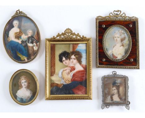 ENGLISH SCHOOL 20TH CENTURY Portrait of two sisters in Regency style, on ivory, 12 x 9 cms in brass frame and four other port