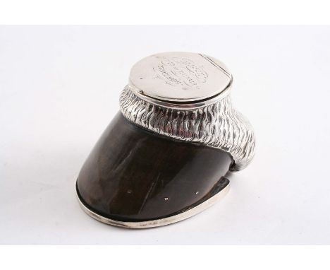 A LATE VICTORIAN MOUNTED PONY HOOF INKWELL the cover inscribed "JESSIE, died at Dalnair 23rd Dec.1899", by Hilliard & Thomaso