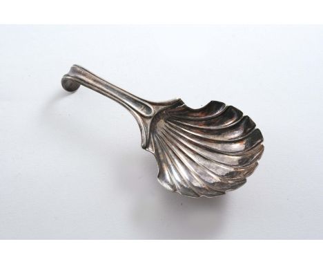 A GEORGE III CADDY SPOON with a scallop shell-shaped bowl & a "hooked" thread-bordered stem, by H. Tudor & T. Leader, Sheffie