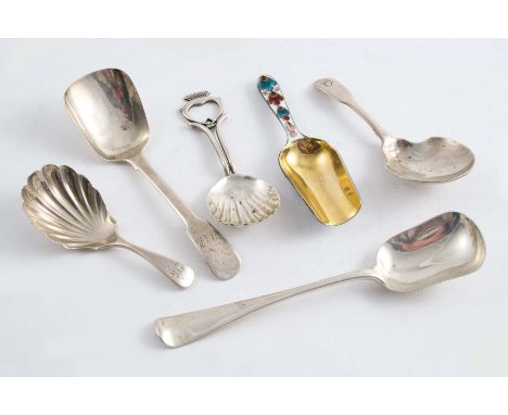 A MODERN CADDY SPOON with a "Luckenbooth" terminal, Birmingham 1924, a Soviet enamelled caddy shovel, two antique caddy spoon