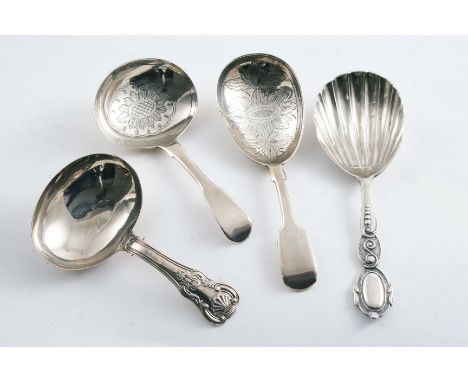 FOUR VARIOUS ANTIQUE CADDY SPOONS mixed dates & makers, George IV - Victorian;  the longest one 4.25" (10.5 cms) long;  1.75 