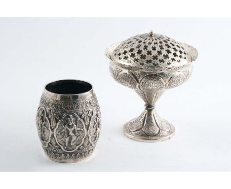 A SMALL EARLY 20TH CENTURY INDIAN PEDESTAL ROSE BOWL with domed grille, initialled "K", and an Indian barrel-shaped beaker;  