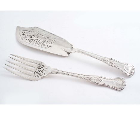 A VICTORIAN KING'S PATTERN FISH SLICE by William Eaton, London 1840 and a fish serving fork, same pattern, by R. Martin & E. 