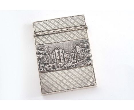 AN EARLY VICTORIAN RECTANGULAR "CASTLE TOP" CARD CASE inset each side with a panel; one depicting a view of Windsor Castle, t